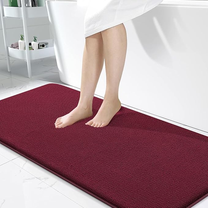 OLANLY Thick Memory Foam Bath Mat Rug 47x24, Extra Soft Absorbent Bathroom Rug, Quick Dry Bath Mats, Non-Slip, Machine Washable Carpet for Bathroom, Tub and Shower, Home Decor Accessories, Burgundy