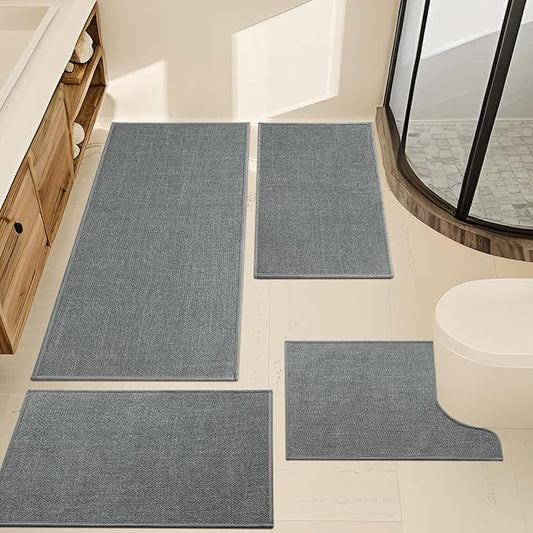 YIHOUSE Grey Bath Rug Set, 4 Piece Non Slip Absorbent Bath Mat, Quick Dry, Thin for Toilet and Floor