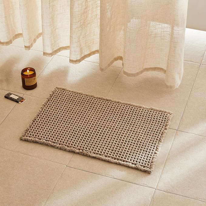 Waffle Bath Mat, Boho Bathroom Rugs Non Slip Washable Super Absorbent Quick Dry Bath Mat Farmhouse Bathroom Decor, 24"x16" Beige