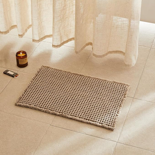 Waffle Bath Mat, Boho Bathroom Rugs Non Slip Washable Super Absorbent Quick Dry Bath Mat Farmhouse Bathroom Decor, 24"x16" Beige
