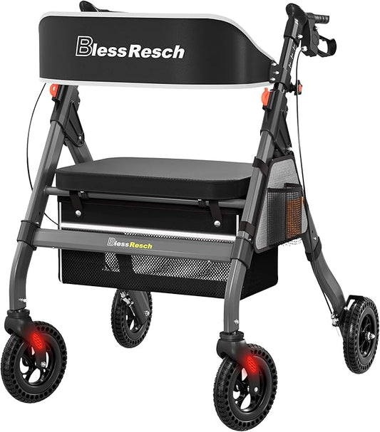 Foldable Rollator Walkers with Seat for Seniors, 450 lb Capacity, 8'' Wheels, 18" Big Seat, 6-Position Height, Heavy-Duty Aluminum Rolling Walker (Gray)