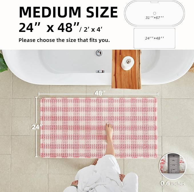 Waffle Bath Mat, Boho Bathroom Rugs Non Slip Washable Absorbent Checkered Bathroom Mat Quick Dry Cute Bath Mat, 48"x24" Pink and White