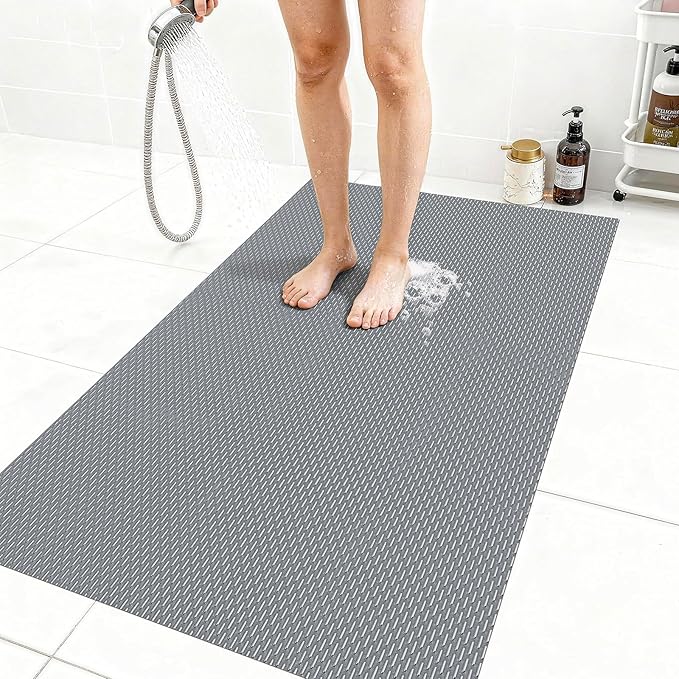 Extra Large Non-Slip Shower Mat, Fast-Dry PVC Bath Stall Tub Mat, Drain-Hole Design for Shower Stall Tub for Elderly/Kids, Non Slip Bath Mat Bathroom Safety Accessory, Gray 58"x32"