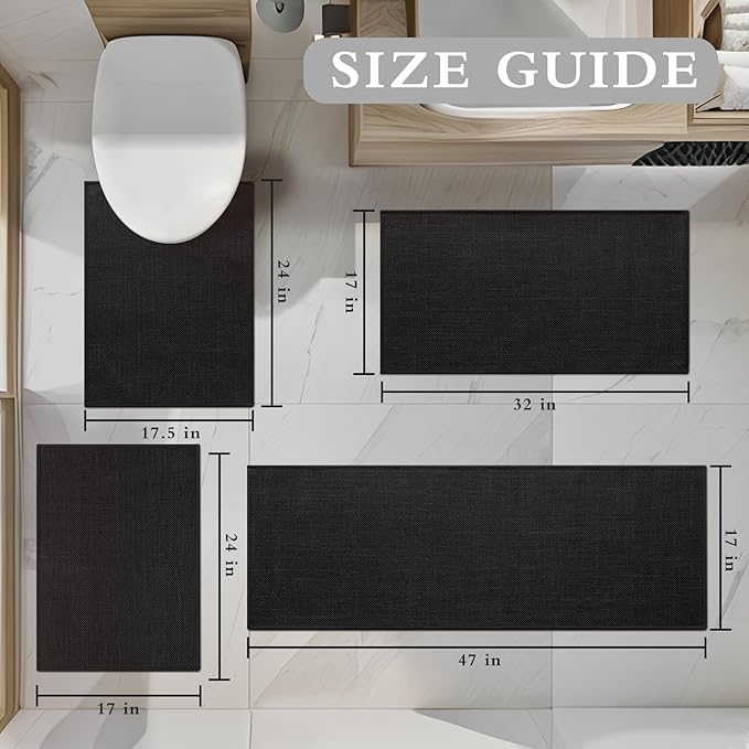 YIHOUSE Black Bathroom Rug Sets 4 Piece, Absorbent Bath Mat for Bathroom Non Slip Washable, Bathroom Mat Quick Dry, Thin Bath Rug Set for Toilet and Floor