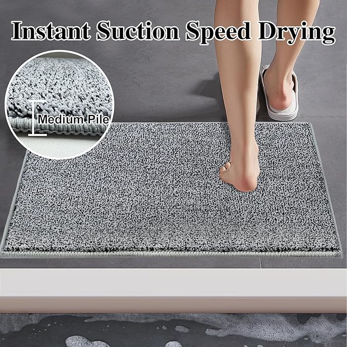 HDFK Bathroom Rugs Non Slip 30x20 Inches 2 Tone Plush Chenille Medium Pile with TPR Backing | Ultra Absorbent Solid Black White | Tub Floor Bath Mat for Shower Door Transitional Zone Decor
