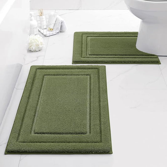 HOMEIDEAS Bathroom Rugs Sets 2 Piece, Super Soft and Absorbent Non Slip Microfiber U-Shaped Toilet Bath Mat Set (20"x32"+U20 x24, Sage Green)