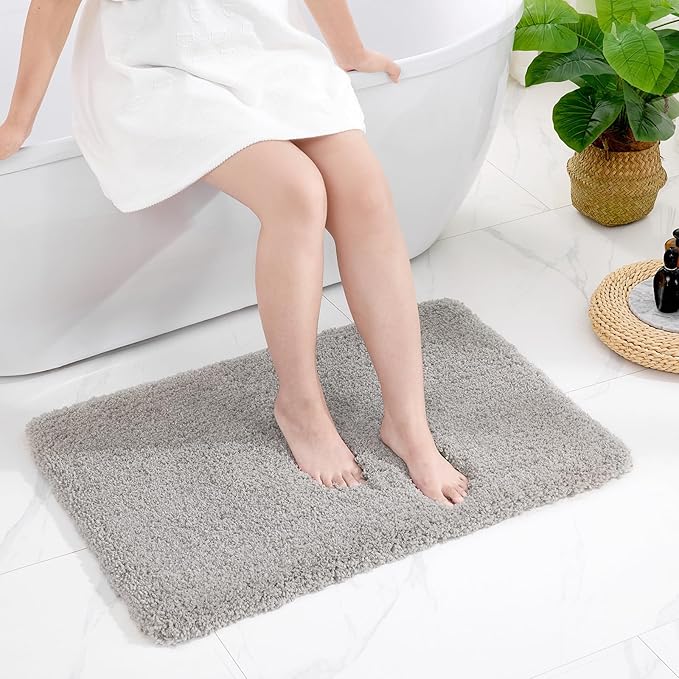 Grey Bathroom Rug 20x32 Non Slip Fluffy Bath Mat for Bathroom Floor Washable Plush Luxury Bath Rug for Tub Soft Shaggy Absorbent Shower Sink Mat