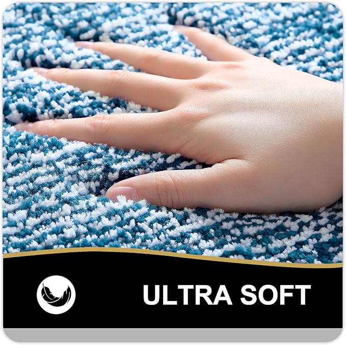OLANLY Toilet Rugs U-Shaped 24x20, Extra Soft and Absorbent Microfiber Bathroom Rugs, Non-Slip, Machine Wash Dry, Plush Shaggy Contour Bath Mats for Toilet Base (Peacock Blue and White)