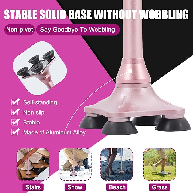 Walking Canes for Women Fashionable with Extended and Thickened Handle. Foldable; Adjustable; Collapsible; Quad Cane for Men for Stability Balance (Basic & Pink)