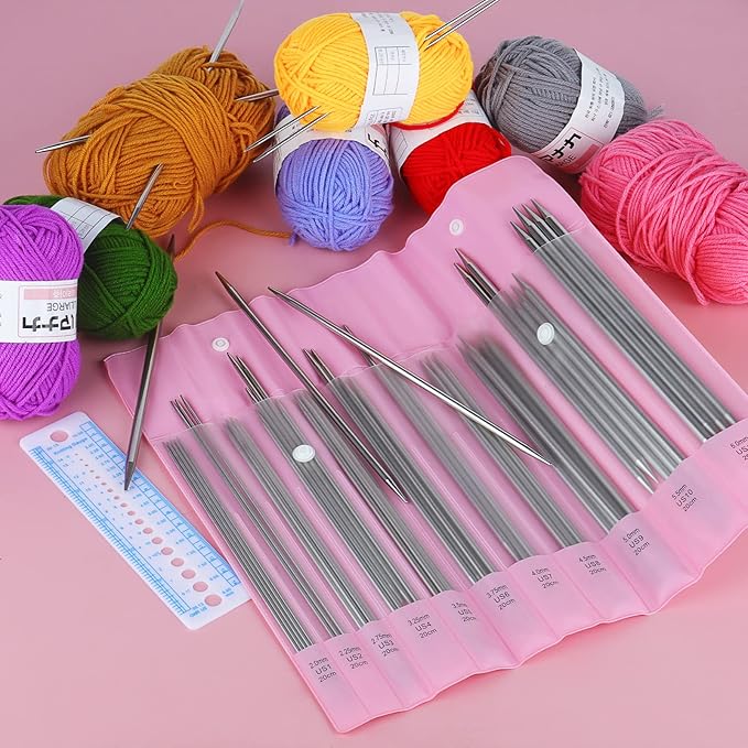 Coopay 55PCS Double Pointed Knitting Needles 7.9", Short Stainless Steel Knitting Needles Set 2.0-6.0mm Knitting Kit, Straight DPN Sock Needles Knitting Set Sweater Needle Set with Pack & Gauge