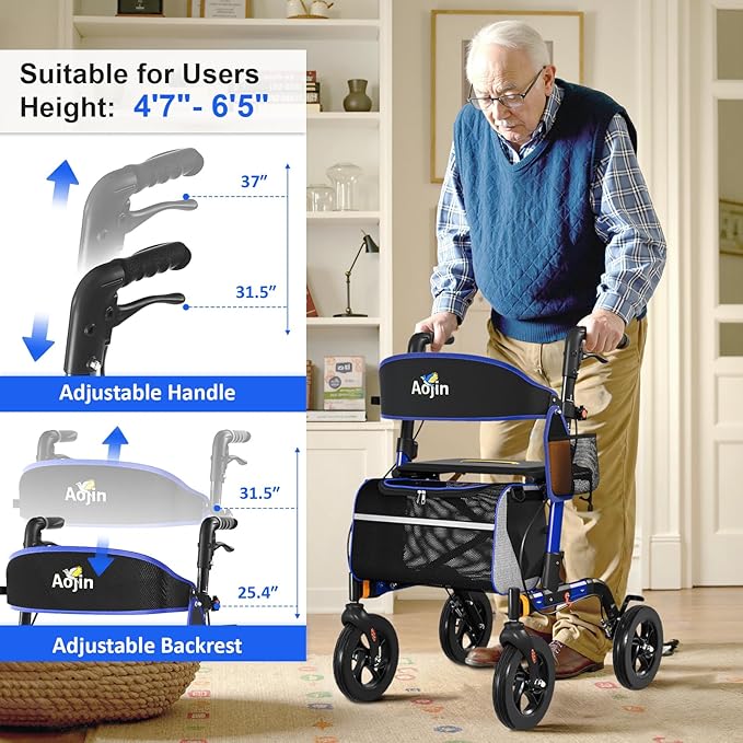 Walkers for Seniors, Rollator Walker with Seat, 350 lb Weight Capacity, 18" Big Seat, 8" All-Terrain Wheels, 6-Level Adjustable Height, Lightweight Aluminum Frame Rollator Walkers for Seniors (Blue)