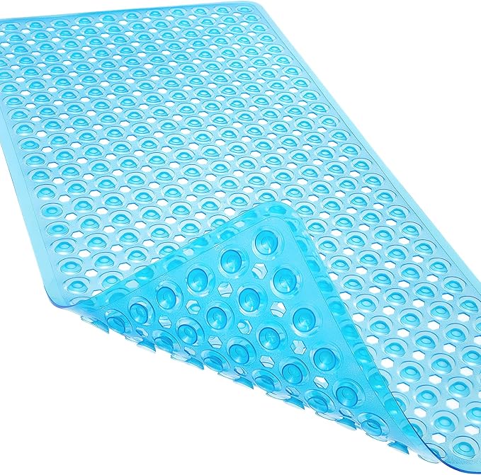 Linoows Non-Slip Bathtub and Shower Mats, Power Grip Bath Mat 35 x 16.3 Inch with Suction Cups and Drain Holes for Tub Bathroom Floor Safety, Machine Washable Soft Bathmat, Clear Blue