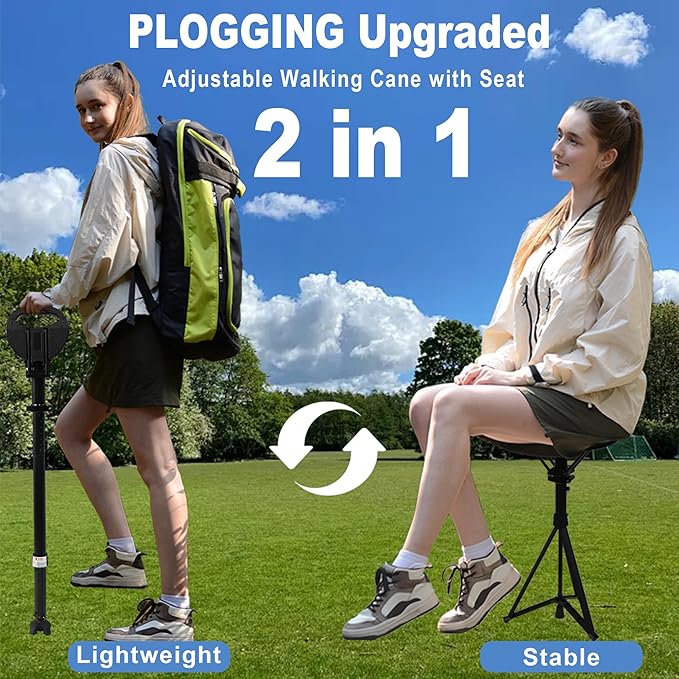 Walking Cane with Seat Folding Lightweight, Portable Cane Seat with Carry Bag, Walking Stick with Seat for Seniors & Adults, Foldable Adjustable Cane Chair for Travel Hiking