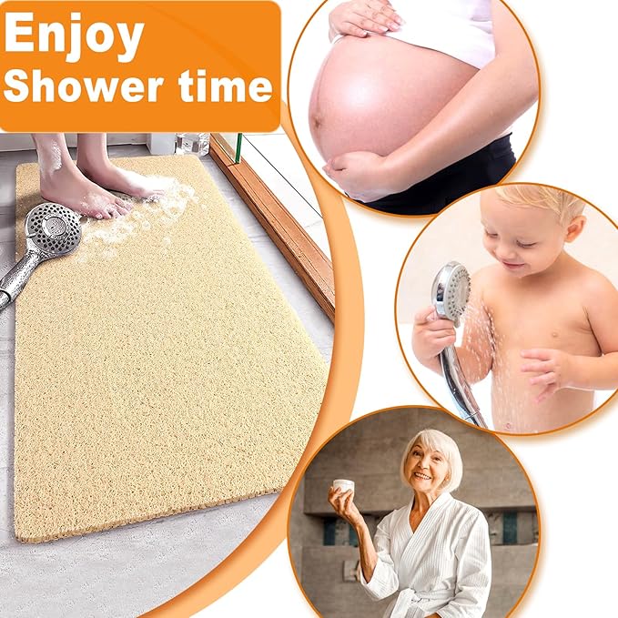 Shower Mats Non Slip for Elderly, 24x32’’Lager Loofah Bath Mats for Shower, Non-Slip Bath Mat for Elderly-Beige