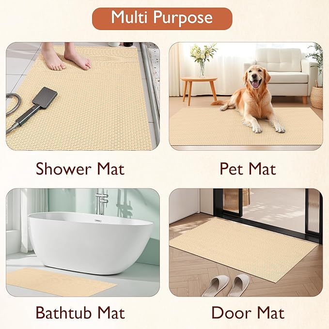 Extra Large Non-Slip Shower Mat, Fast-Dry PVC Bath Stall Tub Mat, Drain-Hole Design for Shower Stall Tub for Elderly/Kids, Non Slip Bath Mat Bathroom Safety Accessory, Khaki 24"x16"