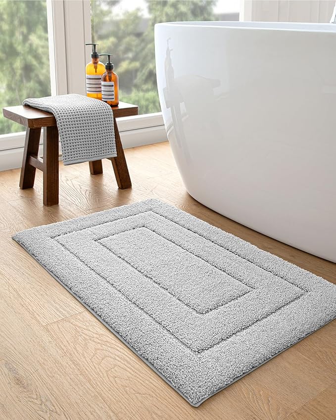 DEXI Bathroom Rug 32x20, Non Slip Washable Bath Mat for Shower Floor, Absorbent Soft Bathmat with Rubber Backing, Quick Dry Microfiber Carpet, Light Grey