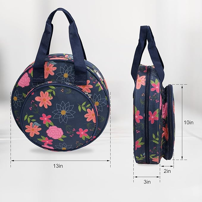 JLDTOP Round Embroidery Project Bag Embroidery Storage Organizer Cross Stitch Bag Floral for Floss, Hoops, Thread, Knitting Tools(Bag Only) (Blue Floral)