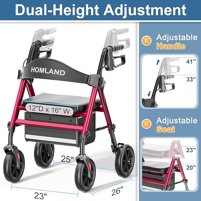 HOMLAND Rollator Walkers for Seniors with Seat, 8" All Terrain Wheels, Durable Aluminum Frame, Lightweight Foldable Walker with Ergonomic Seat, Height Adjustable Rolling Walker