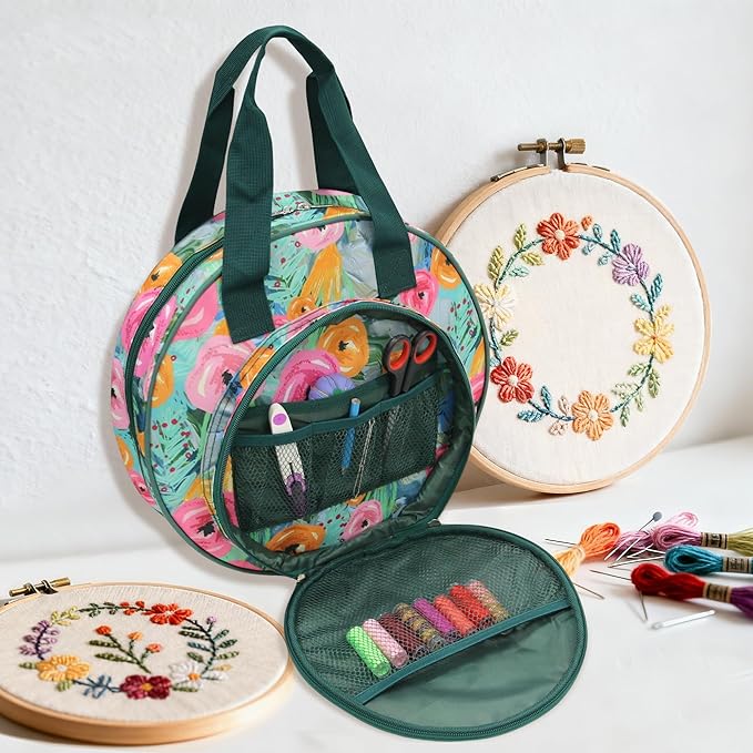 JLDTOP Round Embroidery Project Bag Embroidery Storage Organizer Cross Stitch Bag Floral for Floss, Hoops, Thread, Knitting Tools(Bag Only) (Green Floral)