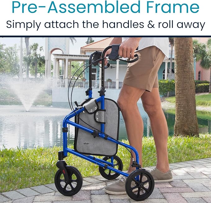 Vive Mobility 3 Wheel Walker - Three Wheeled Rollator for Seniors - Lightweight, Foldable, Narrow, Heavy Duty - for Elderly Men Women - Folding 3-Wheel Tri Scooter with Basket Bag