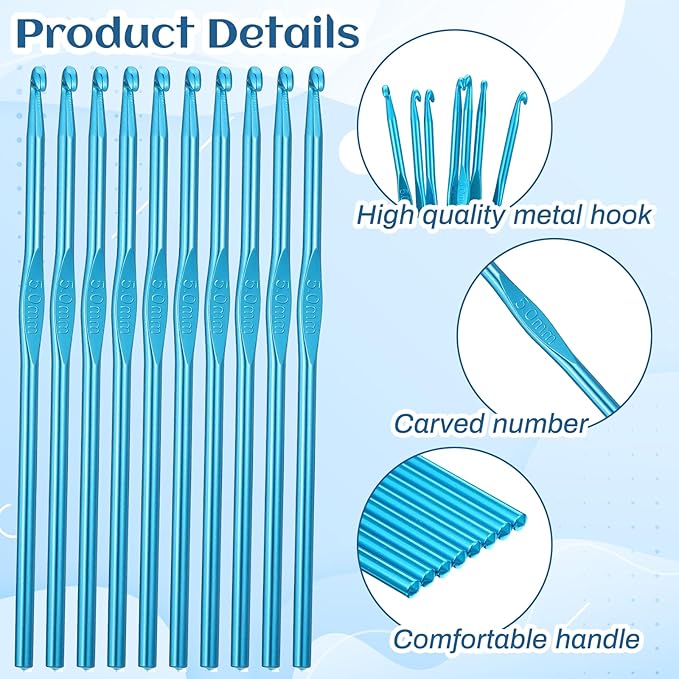 10 PCS 5mm Crochet Hook, Aluminum Crochet Hooks for Beginners, Blue Knitting Needles for DIY Yarn Crafts (US Size H/8)