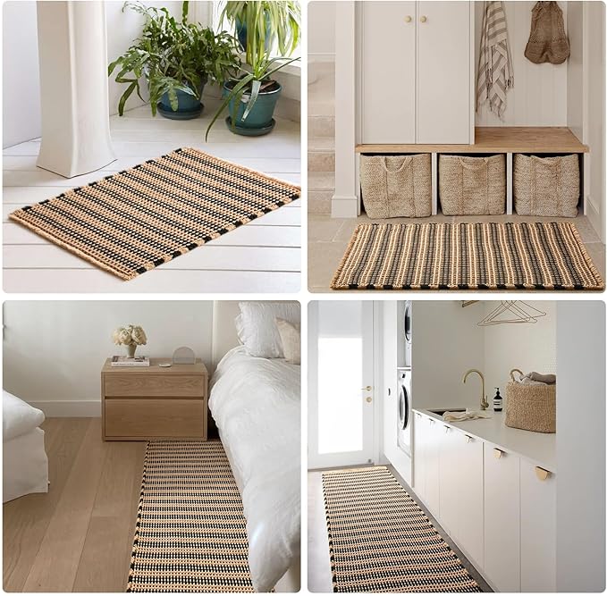 Waffle Bath Mat, Boho Bathroom Rugs Non Slip Washable Super Absorbent Quick Dry Bath Mat Farmhouse Bathroom Decor, 36"x24" Black and Khaki