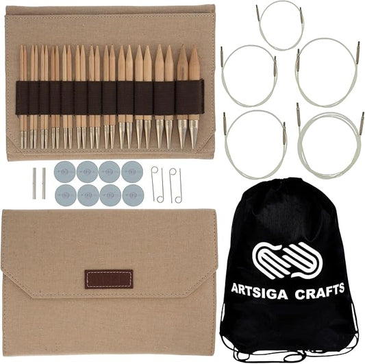 Lykke Naturale 5 in. Complete Set US Sizes 4, 5, 6, 7, 8, 9, 10, 10.5, 11, 13, 15, 17 Interchangeable Circ. Knitting Needles for DK, Worsted, Chunky Yarns, Birch, 5 Cords, Beige JU Case, Project Bag
