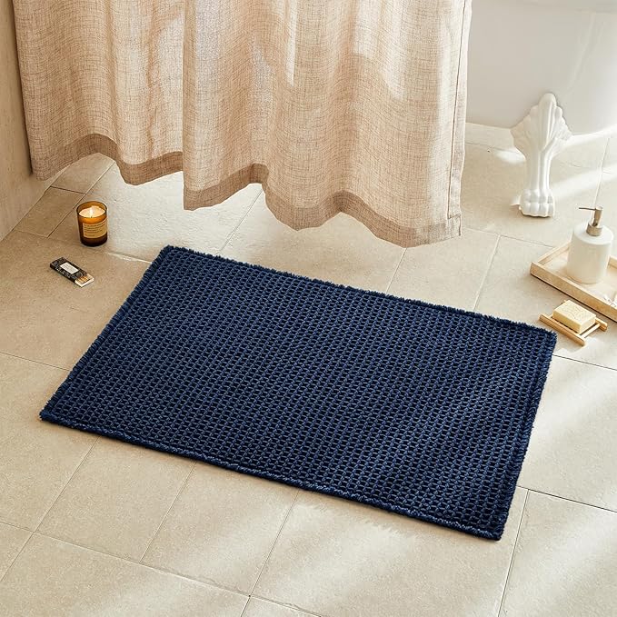 Waffle Bath Mat, Boho Bathroom Rugs Non Slip Washable Super Absorbent Quick Dry Bath Mat Farmhouse Bathroom Decor, 36"x24" Navy Blue