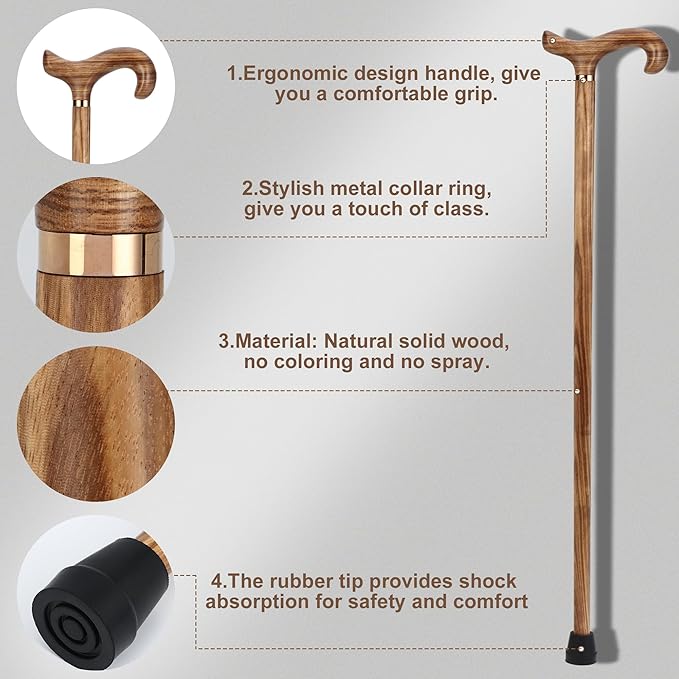 Walking Canes for Men and Women, Wooden Sticks for Seniors, Handcrafted, Ergonomic, Wood Wax Oil Coating Walking Canes for Senior Balance, Crutches for Adults