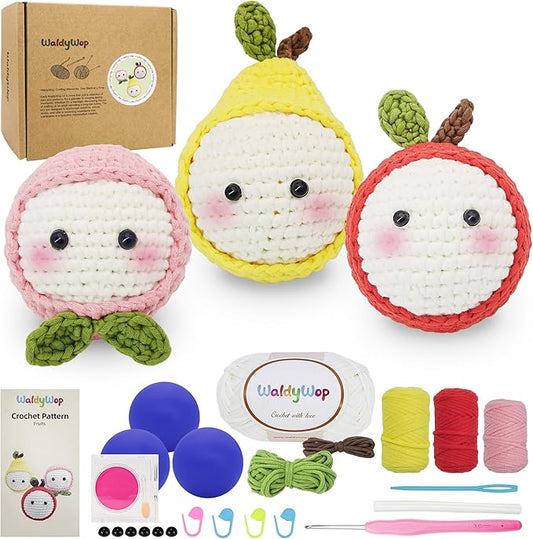 WaldyWop Crochet Kit for Beginners: 3PCS Fruit Squishies Knitting Kits, DIY Craft Kits for Adults w/Video Tutorials & Soft Yarn, Hook - Hobbies Starter Kit for Kids, Birthday Gifts Set for Girls Women