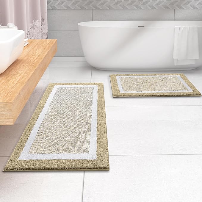 OLANLY Bathroom Rugs 47x17, Extra Soft and Absorbent Microfiber Bath Mat, Non-Slip, Machine Washable, Quick Dry Shaggy Bath Carpet, Suitable for Bathroom Floor, Tub, Shower (Runner, Beige)