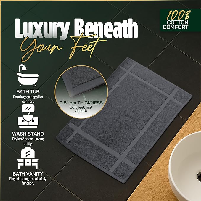 Pearl Linens 100% Ring Spun Cotton Bath Mat (Pack of 6) 20 x 30 Inch, Washable, Soft & Absorbent Terry Bathroom Floor Mat – Not Bathroom Rugs – Quick-Dry After Shower Bath Mat, 687 GSM, Dark Grey