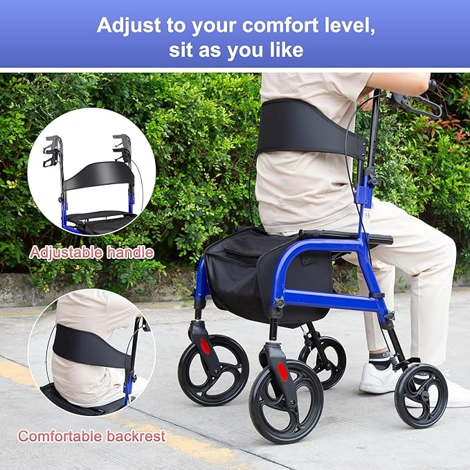 Rollator Walkers for Seniors, Foldable Rollator Walkers with Seat, 300 lbs Capacity Rolling Walker with Storage Bag, Adjustable Height, Lightweight Walker for Mobility Impaired, for Home/Travel (Blue)