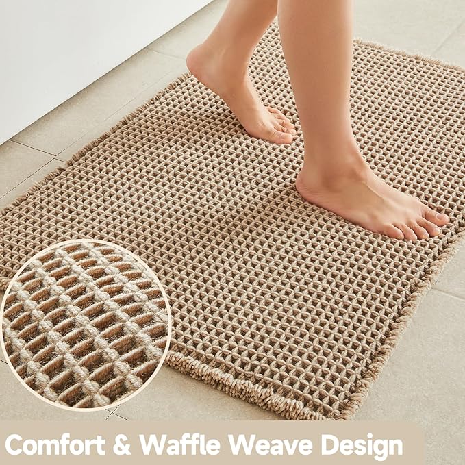 Waffle Bath Mat, Boho Bathroom Rugs Non Slip Washable Super Absorbent Quick Dry Bath Mat Farmhouse Bathroom Decor, 48"x24" Beige