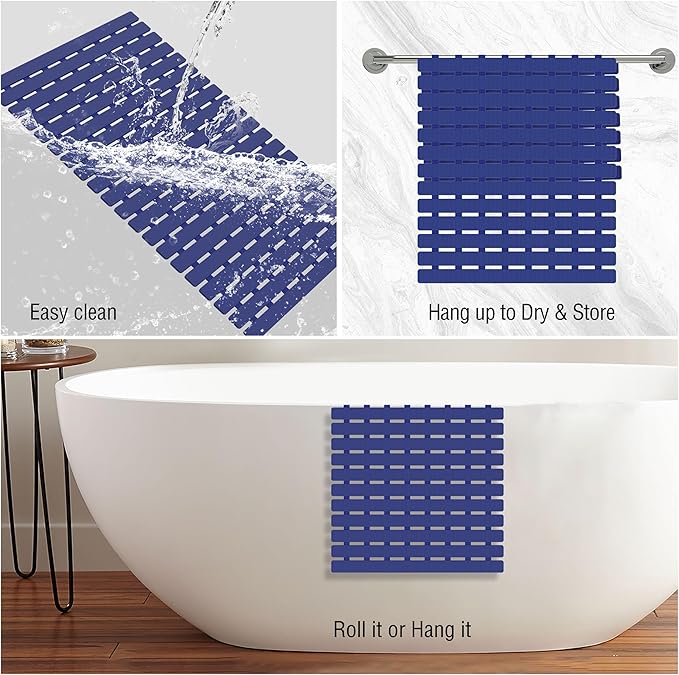 MBOSS Bath Tub Shower Mat Non Slip Bathtub Mats for Bathroom Shower Floor Mat Bath Mats for Shower Tub Anti Slip Shower Mat with Drain Hole and Large Suction Cups(Deep Blue, 27.5 X 15.7 Inch)