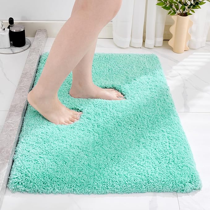 Bathroom Rug 20x32 Non Slip Fluffy Spa Blue Bath Mat for Bathroom Floor Washable Plush Luxury Bath Rug for Tub Soft Shaggy Absorbent Shower Sink Mat