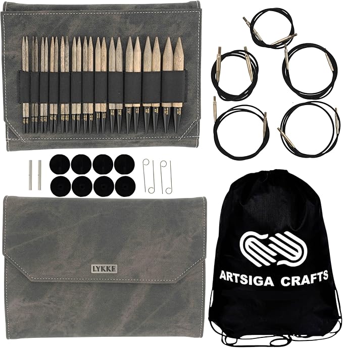 Lykke Driftwood 5 in. Complete Set US Sizes 4, 5, 6, 7, 8, 9, 10, 10.5, 11, 13, 15, 17 Interchangeable Circ. Knitting Needles for DK, Worsted, Chunky Yarns, Birch, 5 Cords, Grey DM Case, Project Bag