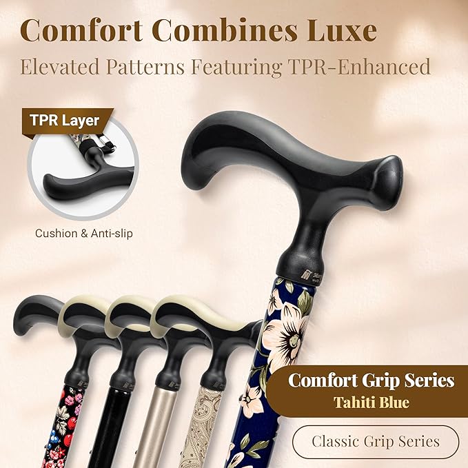 Merry Sticks Lightweight Foldable Walking Canes for Women and Men, Adjustable & Collapsible Walking Stick for Seniors, Non-Slip Ergonomic Handle with 1 Extra Replacement Cane Tip – Tahiti Blue