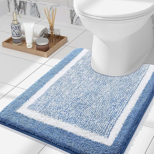 OLANLY Toilet Rugs U-Shaped 24x20, Extra Soft and Absorbent Microfiber Bathroom Rugs, Non-Slip, Machine Wash Dry, Plush Shaggy Contour Bath Mats for Toilet Base (Blue and White)