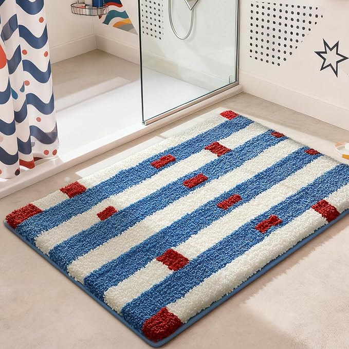 LUMI Bathroom Rugs with Blue White Stripe, Soft Absorbent Bath Mat for Modern Home Decor, Non-Slip Quick-Dry Bath Rug, Machine Washable Floor Mat for Shower and Tub, Entryway, 24"x36", Brick Line