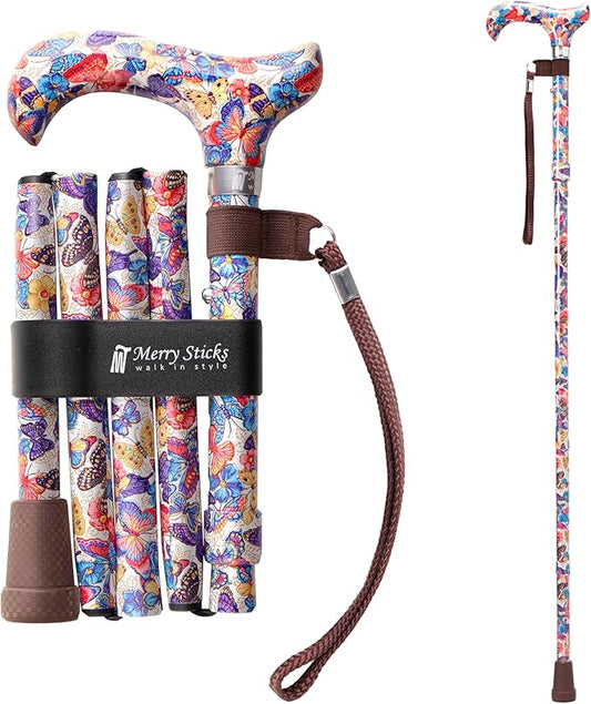 Merry Sticks Lightweight Foldable Walking Canes for Women and Men, Adjustable & Collapsible Walking Stick for Seniors, Balancing Mobility Aids, Ergonomic Handle & Wrist Strap - Butterflies