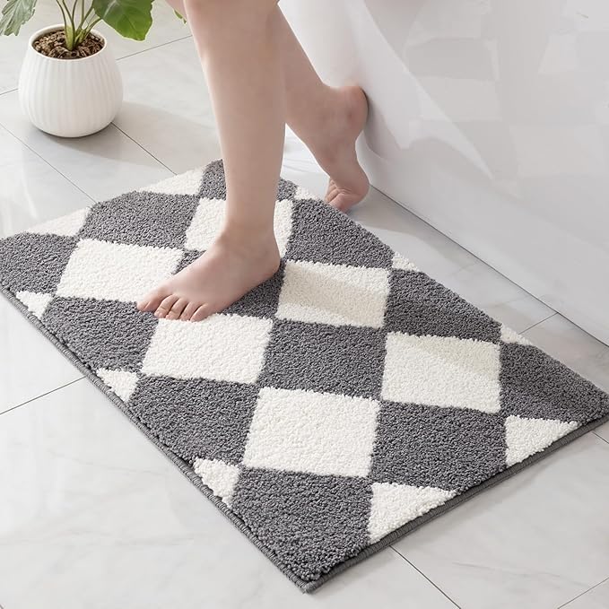 Exclusivo Mezcla Bathroom Rugs Mat 20x30, Extra Soft Non Slip Absorbent Water Microfiber Bath Rugs, Machine Washable Quick Dry Bath Mats for Bathroom Floor, Shower, Home Decor, Checkered Grey