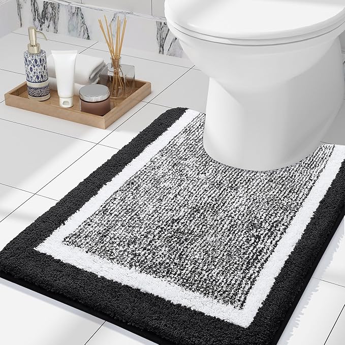 OLANLY Toilet Rugs U-Shaped 24x20, Extra Soft and Absorbent Microfiber Bathroom Rugs, Non-Slip, Machine Wash Dry, Plush Shaggy Contour Bath Mats for Toilet Base (Black and White)