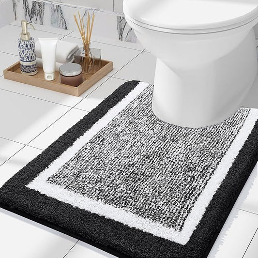 OLANLY Toilet Rugs U-Shaped 24x20, Extra Soft and Absorbent Microfiber Bathroom Rugs, Non-Slip, Machine Wash Dry, Plush Shaggy Contour Bath Mats for Toilet Base (Black and White)