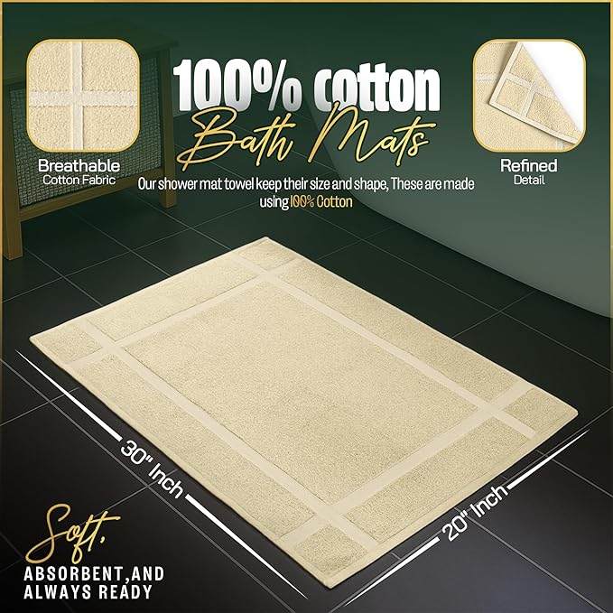 Pearl Linens Pack of 6 100% Cotton Bath Mat 20x30 inches, Soft & Absorbent Quick Dry Bathroom Mat Set, Not Bathroom Rugs, After Shower Mat, Bath Tub Mat, 687 GSM, Machine Washable, Beige