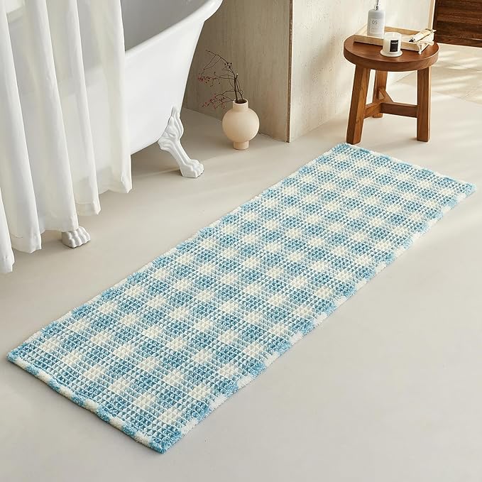 Waffle Runner Rug Bathroom, Long Boho Bathroom Rugs Non Slip Washable Absorbent Checkered Bathroom Mat Quick Dry Cute Bath Mat, 72"x24" Blue and White