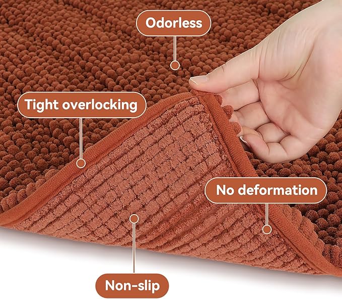 Bcoimo 24"×17" Chenille Bath Mat – Non-Slip with Backing Bath Rug Ultra-Absorbent and Machine Washable Bathroom Mat Quick-Dry Design. Ideal for Bathroom and Tub Areas