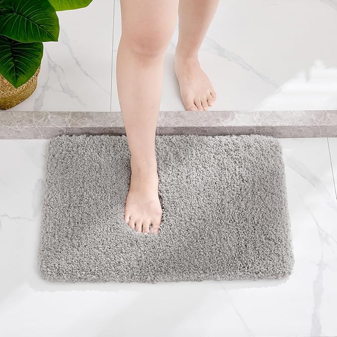 Small Bathroom Rug 17x24 Non Slip Gray Fluffy Bath Mat for Bathroom Floor Washable Plush Luxury Bath Rug for Tub Soft Shaggy Absorbent Shower Mat