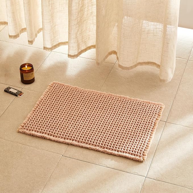 Waffle Bath Mat, Boho Bathroom Rugs Non Slip Washable Super Absorbent Quick Dry Bath Mat Farmhouse Bathroom Decor, 24"x16" Light Peach