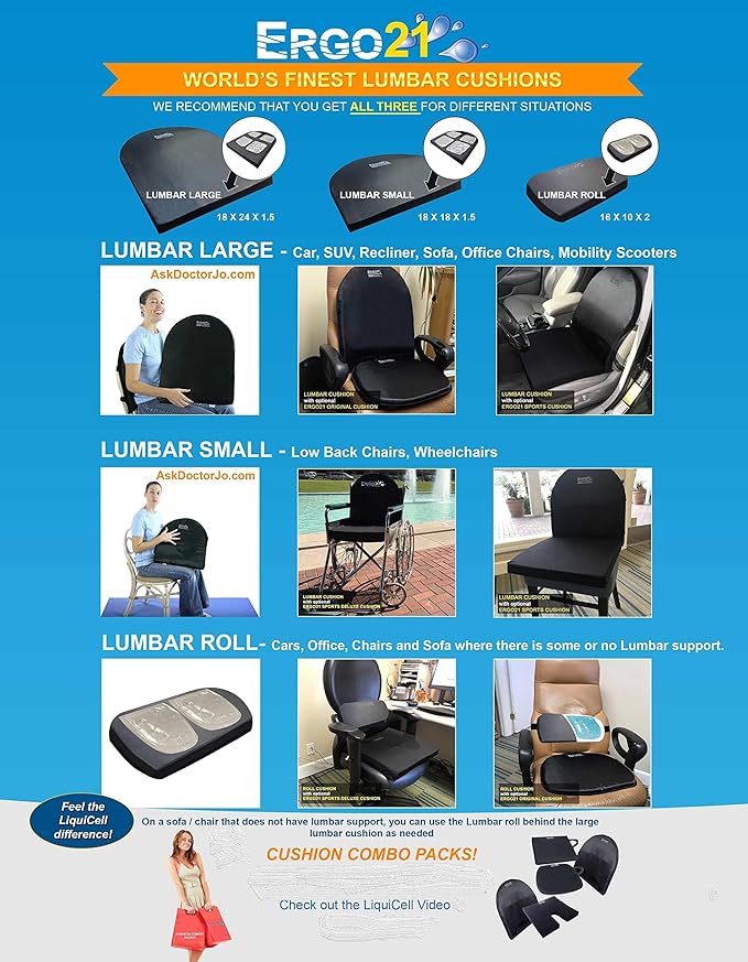 ERGO21 Neck & Back Support Lumbar Roll Made of Liquid Filled Membranes | Chair Back Support at Home, Office Chairs, Bed | Relief from Lower Back Pain, Neck Pain| Size, (16”W x 10”x 2”)